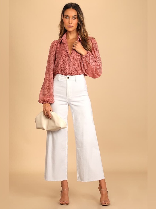 Lulus Tops - Lulus Top M Positive Influences Pink Dotted Long Sleeve Button Up Flocked Sheer
